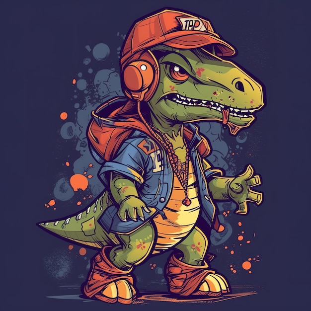 Um dinossauro de desenho animado com um boné e uma camiseta que diz t-rex.