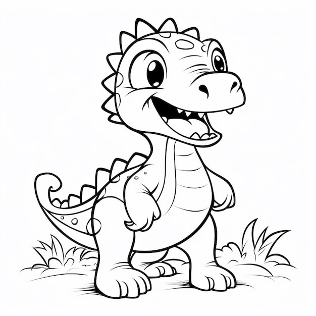 Um dinossauro de desenho animado com um grande sorriso parado na grama generativa ai