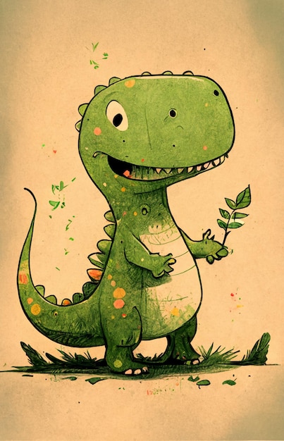 Um dinossauro de desenho animado com um t-rex verde no ombro.