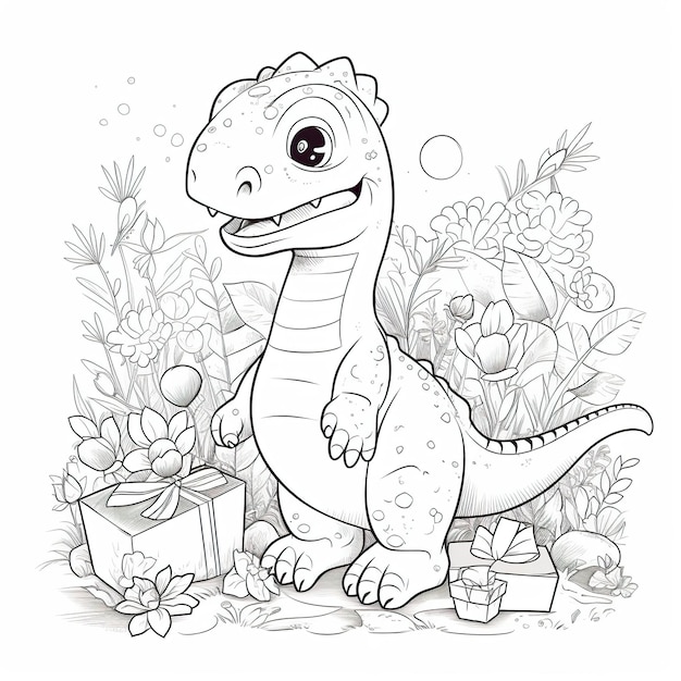 Um dinossauro de desenho animado com uma caixa de presente e um presente.