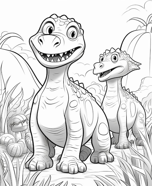 um dinossauro de desenho animado e um bebê dinossauro estão parados na grama gerativa ai