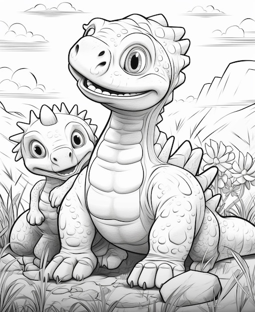 um dinossauro de desenho animado e um bebê dinossauro sentado em uma rocha gerativa ai