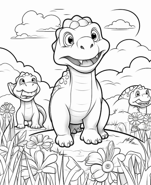 um dinossauro de desenho animado e uma tartaruga bebê estão parados na grama gerativa ai