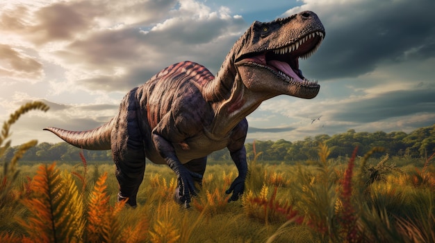 Um dinossauro de pescoço comprido está caminhando em um campo com grama e árvores ao fundo.