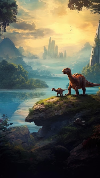 um dinossauro e dinossauro em um rio com montanhas ao fundo