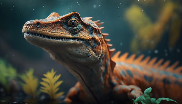 Um dinossauro em Jurassic Park vive entre as árvores modelo de dinossauros na floresta Lagarto selvagem vivo