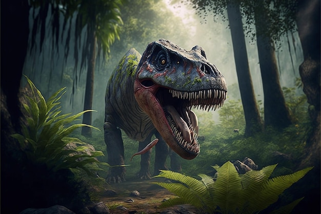 Um dinossauro em uma cena de selva com at-rex ao fundo.