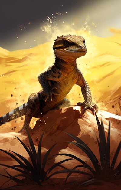 Foto um dinossauro em uma colina com um pôr-do-sol no fundo
