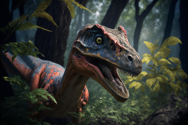 Um dinossauro em uma selva com um fundo verde e um dinossauro azul e vermelho com um longo pescoço.