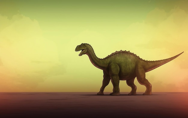 Um dinossauro está andando no deserto com um fundo verde.