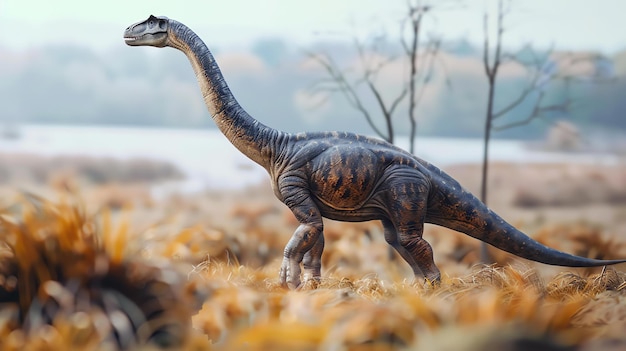 Um dinossauro está em um campo de grama alta O dinossauro é um grande animal de pescoço longo com uma cauda longa É coberto de escamas castanhas e verdes