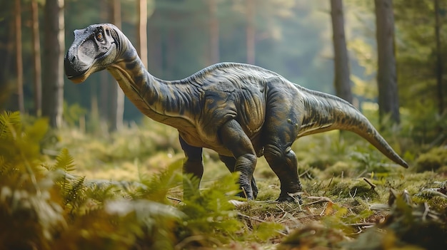 Foto um dinossauro está em uma floresta exuberante o dinossauro é verde e castanho com um pescoço longo e uma cauda grande ele está olhando para a esquerda do quadro