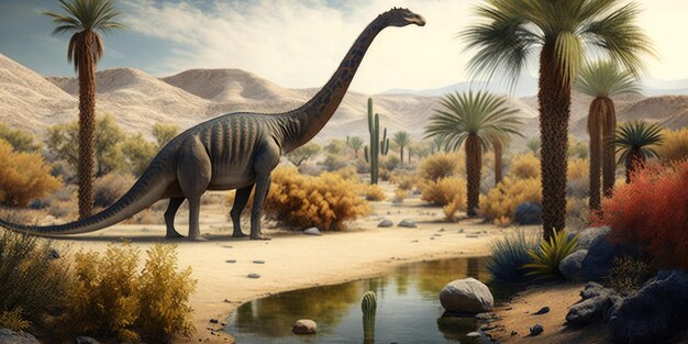 Um dinossauro está parado em um deserto com uma paisagem desértica ao fundo.