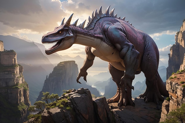 Um dinossauro imponente e majestoso está no precipício de um penhasco incrivelmente alto