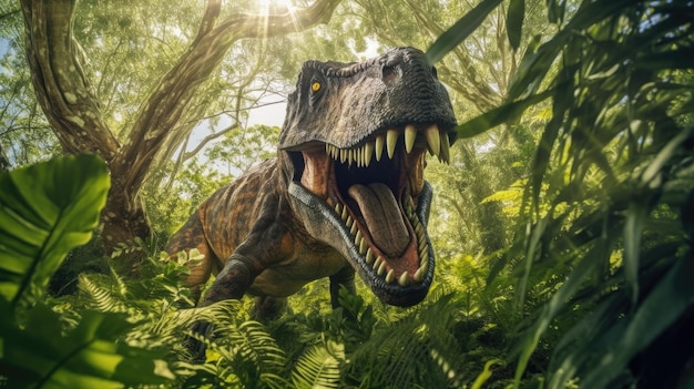 Um dinossauro Tyrannosaurus rex na selva Tyrannosauros rex Generative Ai