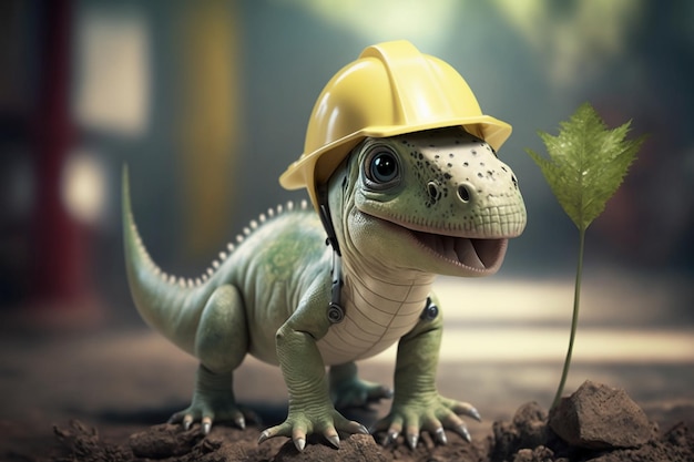 Um dinossauro usando um capacete com uma planta nele.