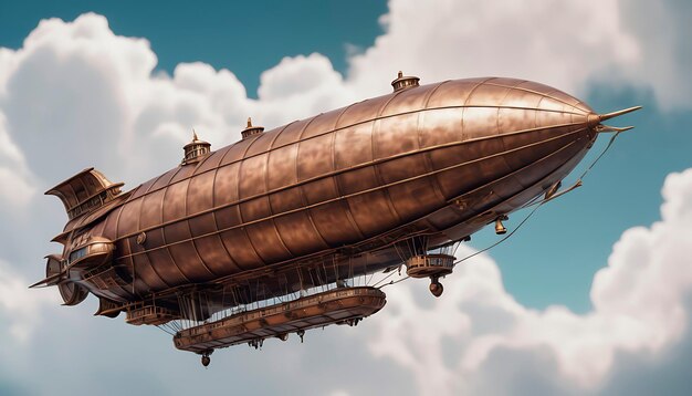 Um dirigível no céu em turnê de estilo steampunk