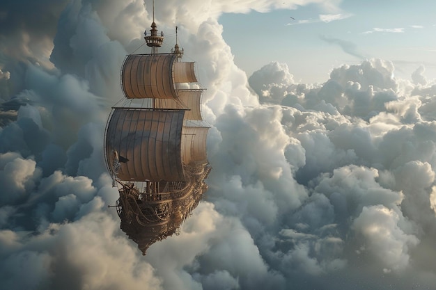 Foto um dirigível steampunk a navegar pelas nuvens.