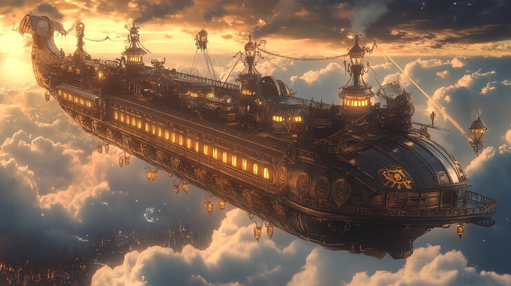 Foto um dirigível steampunk com detalhes intrincados voa entre as nuvens ao pôr-do-sol