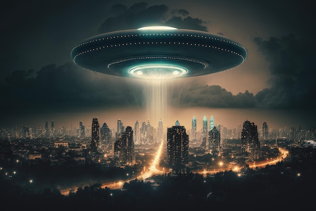 Um disco voador voando sobre a cidade noturna uma nave espacial alienígena na cidade noturna AI