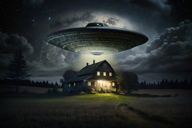 Um disco voador voando sobre uma fazenda à noite, uma nave alienígena em uma ilustração de fazenda.