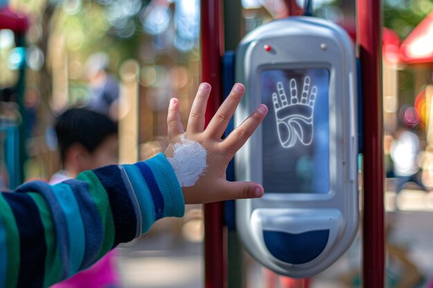 Um dispositivo biométrico de impressões da mão em uma creche