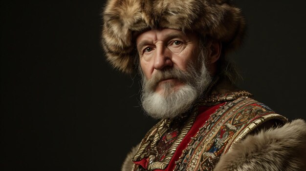 Foto um distinto cossaco russo de mais de quarenta anos, exalando um inconfundível sentimento de orgulho em sua rica herança, adornado com um magnífico chapéu de pele e um casaco tradicional lindamente decorado.
