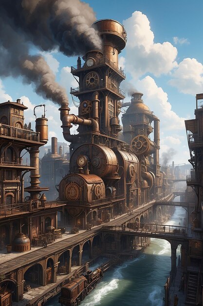 Foto um distrito industrial inspirado no steampunk com engrenagens e máquinas movidas a vapor