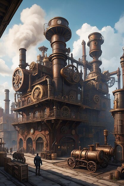Foto um distrito industrial inspirado no steampunk com engrenagens e máquinas movidas a vapor