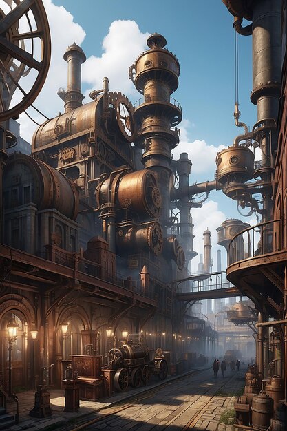 Um distrito industrial inspirado no steampunk com engrenagens e máquinas movidas a vapor