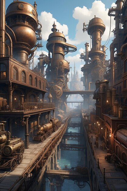 Foto um distrito industrial inspirado no steampunk com engrenagens e máquinas movidas a vapor