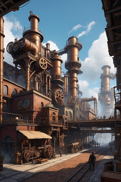 Um distrito industrial inspirado no steampunk com engrenagens e máquinas movidas a vapor