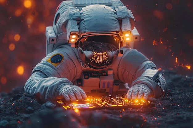 Um DJ astronauta com um tocador de discos no espaço ilustração 3D