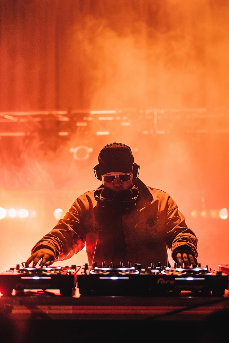 Foto um dj é mostrado em uma sala com um fundo vermelho