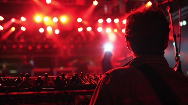 Um DJ está mixando música em um concerto o palco está iluminado com luzes vermelhas o DJ está usando fones de ouvido e está focado na música