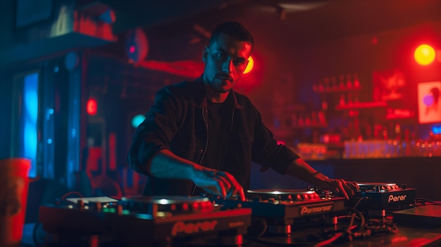 Um DJ está tocando música em um bar com um DJ montado