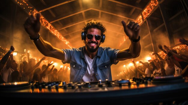 Um DJ feliz a tocar música para uma grande festa.