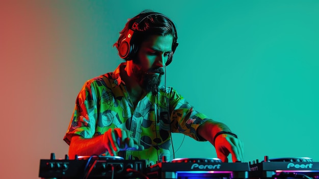 Um DJ habilidoso com fones de ouvido intensamente misturando música mostrando foco absoluto e dedicação