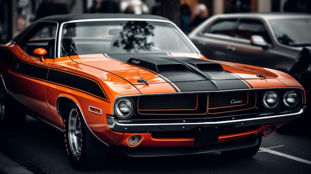 Um Dodge Challenger laranja com uma faixa preta na frente.