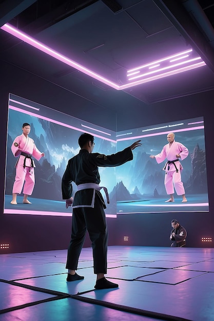 Um dojo de realidade virtual onde artistas marciais treinam com oponentes holográficos.