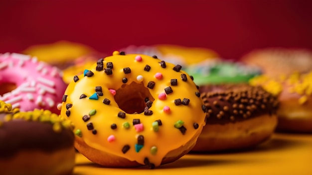 Um donut amarelo com confeitos está sobre uma mesa com outros donuts.