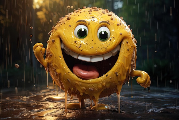 Um donut animado com um rosto amarelo no estilo de Mike Campau