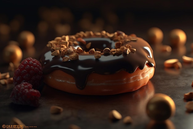 Foto um donut coberto de chocolate com algumas framboesas ao lado.