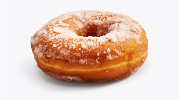 Um donut com açúcar de confeiteiro está sobre uma superfície branca.