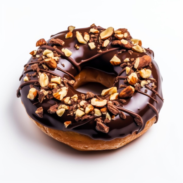 Foto um donut com chocolate e nozes é coberto de chocolate