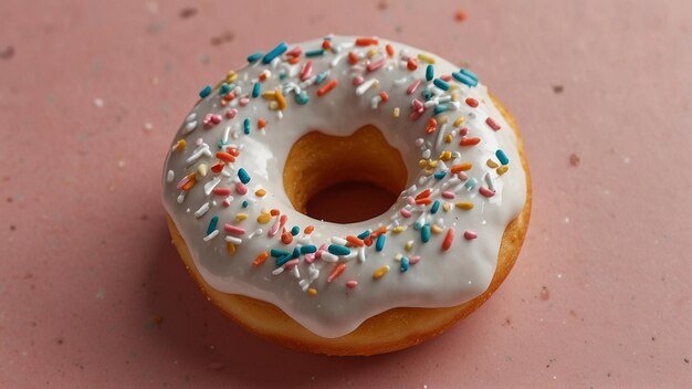 Foto um donut com cobertura branca e salpicaduras coloridas