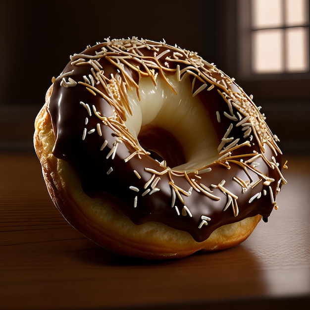 Um donut com cobertura de chocolate e confeitos por cima