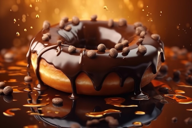 Um donut com cobertura de chocolate em cima de uma mesa Imagem generativa de IA