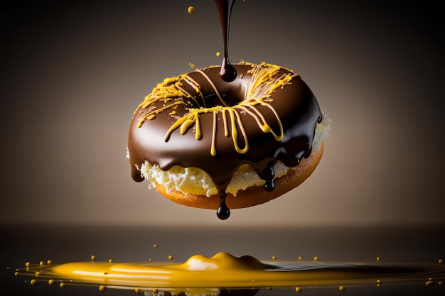 Um donut com cobertura em chocolate está sendo mergulhado em chocolate