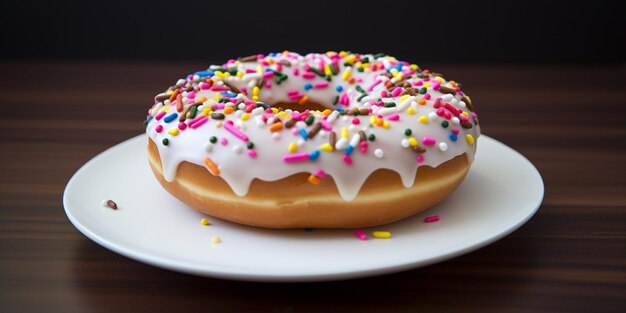 Um donut com glacê branco e granulado de arco-íris em um prato.